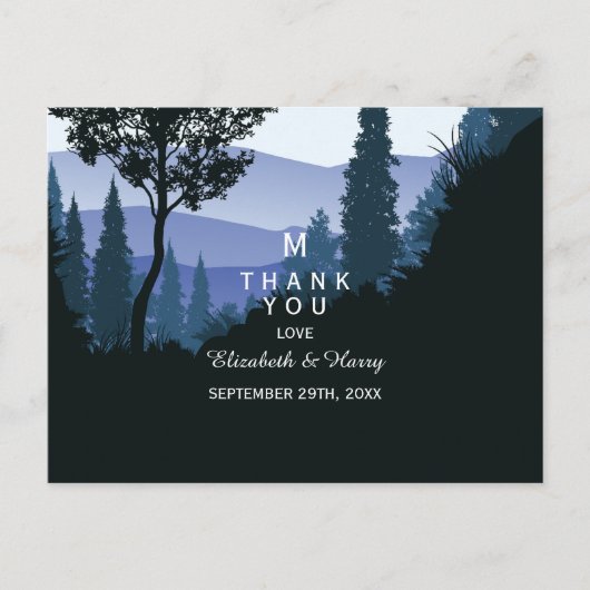 Blue Woodland Forest, rustieke bruiloft dank u Briefkaart (Voorkant)