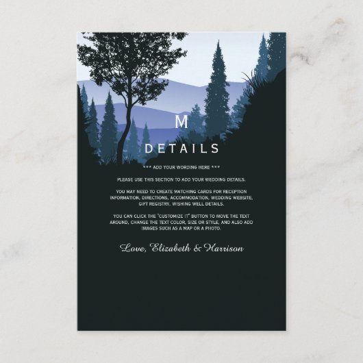 Blue Woodland Forest, rustieke bruiloft detail Informatiekaartje (Voorkant)