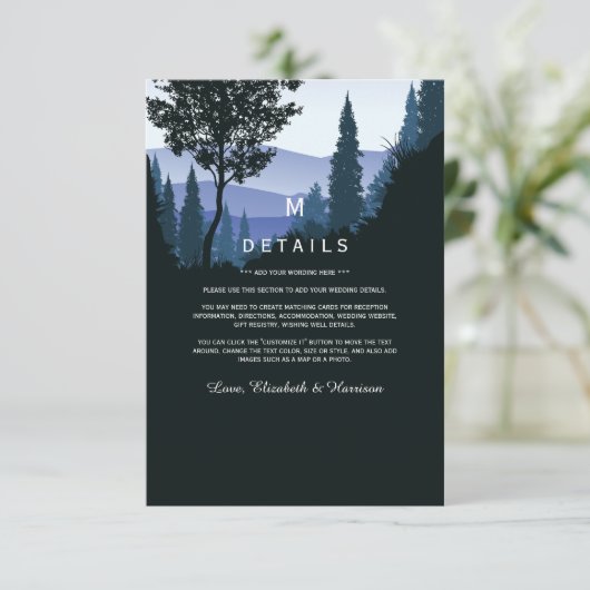 Blue Woodland Forest, rustieke bruiloft detail Informatiekaartje (Staand voorkant)