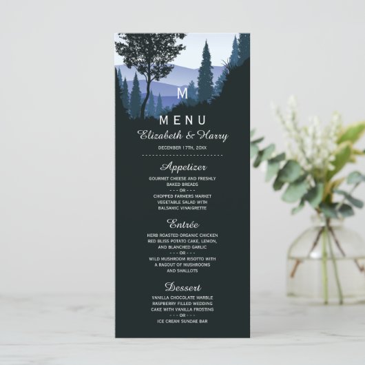 Blue Woodland Forest, rustieke bruiloft Menu (Staand voorkant)
