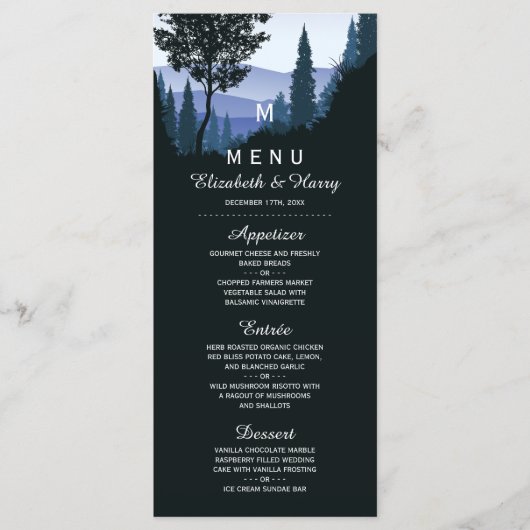 Blue Woodland Forest, rustieke bruiloft Menu (Voorkant)