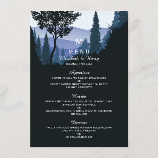 Blue Woodland Forest, rustieke bruiloft Menu (Voorkant)