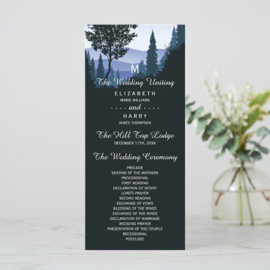 Blue Woodland Forest, rustieke bruiloft Programmakaart (Staand voorkant)