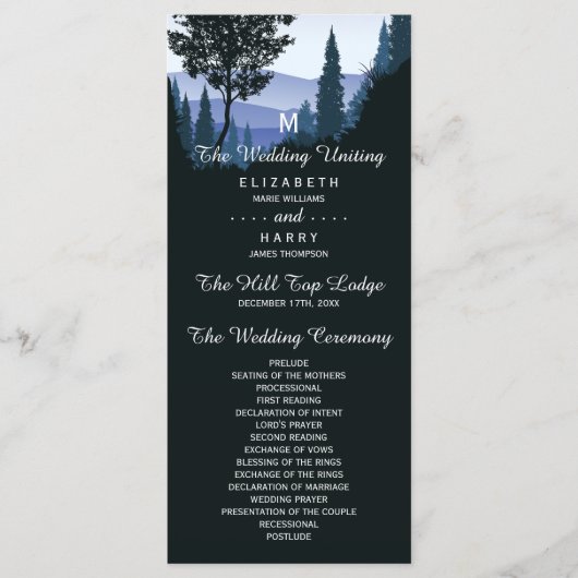 Blue Woodland Forest, rustieke bruiloft Programmakaart (Voorkant)
