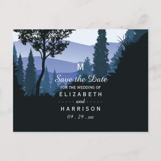 Blue Woodland Forest, rustieke bruiloft Save the D Aankondigingskaart (Voorkant)