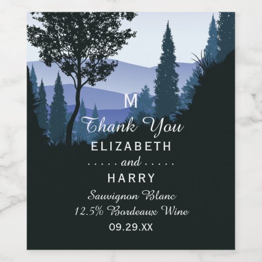 Blue Woodland Forest, rustieke bruiloft Wijn Etiket (Enkel label)