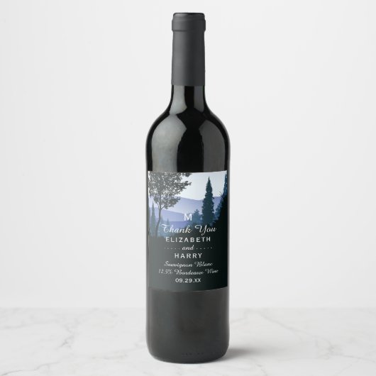 Blue Woodland Forest, rustieke bruiloft Wijn Etiket (Voorkant)