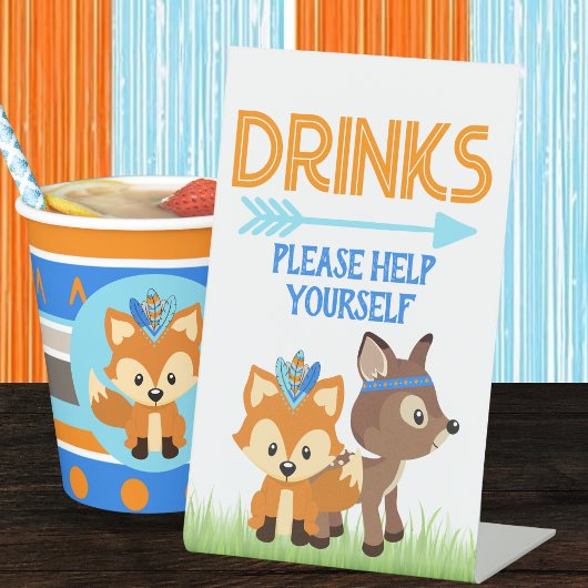 Blue Woodland Fox and Deer Drinken Tafel Reclamebord Met Voetstuk