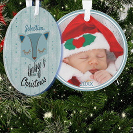 Blue Woodland Fox Eerste Kerstmis Foto Ornament