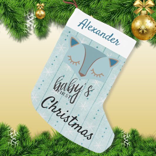 Blue Woodland Fox Eerste Kerstmis Kous Kleine Kerstsok