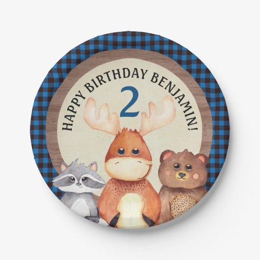 Blue Woodland Lumberjack Verjaardag Borden Papieren Bordje (Voorkant)