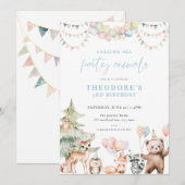 Blue Woodland Party Dieren Uitnodiging voor verjaa (Voorkant / Achterkant)