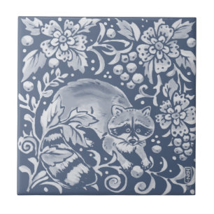 Blue Woodland Raccoon Forest Animal Floral Tegeltje
