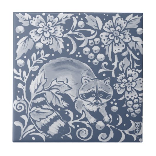 Blue Woodland Raccoon Forest Animal Floral Tegeltje (Voorkant)