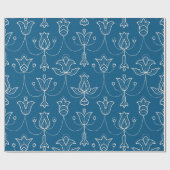 Blue wrapping paper with white floral pattern  cadeaupapier (Vlak)