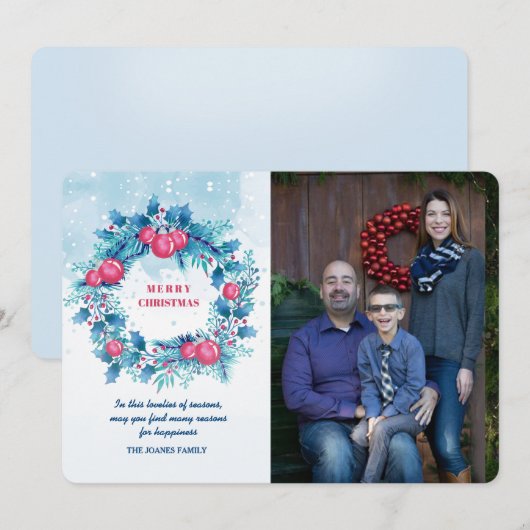 Blue Wreate met Red Balls Photo Holiday Card Kaart (Voorkant / Achterkant)