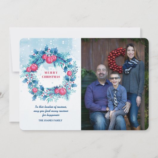 Blue Wreate met Red Balls Photo Holiday Card Kaart (Voorkant)