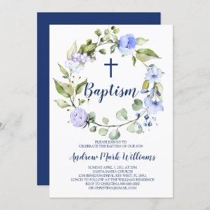 Blue Wreath Baby Boy Baptism Invitation Kaart
