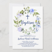 Blue Wreath Baby Boy Doop Uitnodiging (Voorkant)