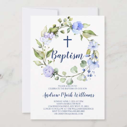 Blue Wreath Baby Boy Doop Uitnodiging (Voorkant)