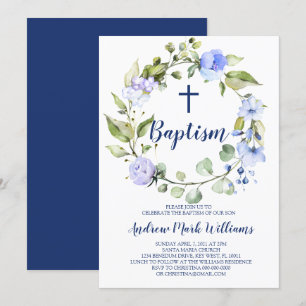 Blue Wreath Baby Boy Doop Uitnodiging