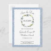 Blue Wreath Elegance Wedding Save the Date Aankondigingskaart (Voorkant / Achterkant)