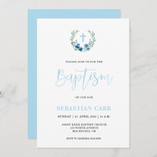 Blue Wreath Floral Boy Doop uitnodiging (Voorkant / Achterkant)