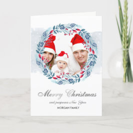 Blue Wreath Holly Berry Photo Merry kerst Feestdagen Kaart