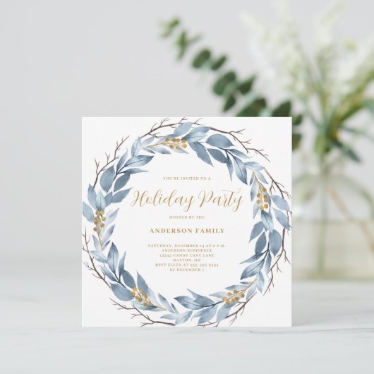 Blue Wreath Rustic kerstfeest Kaart (Staand voorkant)