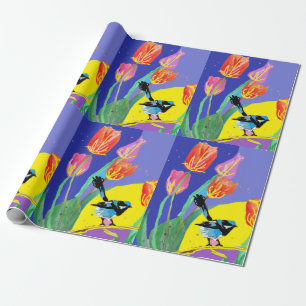 Blue Wren Tulips art flower Waterverf Wrapping Cadeaupapier