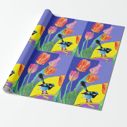 Blue Wren Tulips art flower Waterverf Wrapping Cadeaupapier (Uitgerold)