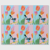 Blue Wren Tulips art flower Waterverf Wrapping Cadeaupapier (Vlak)