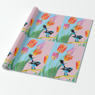 Blue Wren Tulips art flower Waterverf Wrapping Cadeaupapier