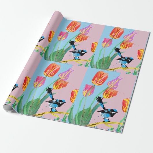 Blue Wren Tulips art flower Waterverf Wrapping Cadeaupapier (Uitgerold)