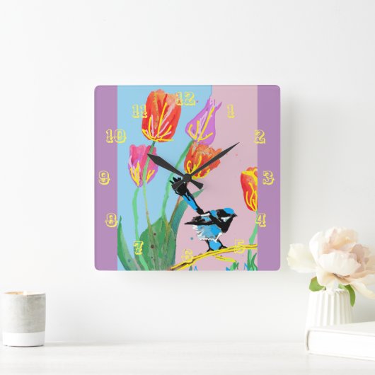 Blue Wren Waterverf Bird Childrens Room Clock Vierkante Klok (Huis)