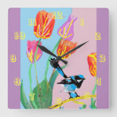 Blue Wren Waterverf Bird Childrens Room Clock Vierkante Klok (Voorkant)