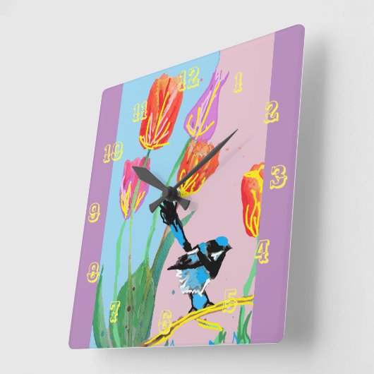 Blue Wren Waterverf Bird Childrens Room Clock Vierkante Klok (Hoek)