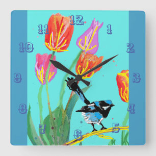 Blue Wren Waterverf Bird Childrens Room Clock Vierkante Klok