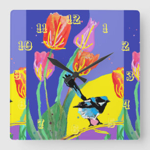 Blue Wren Waterverf Bird Childrens Room Clock Vierkante Klok