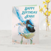 Blue Wren Waterverf Happy Birthday Wrens Aqua Kaart (Gele Bloem)