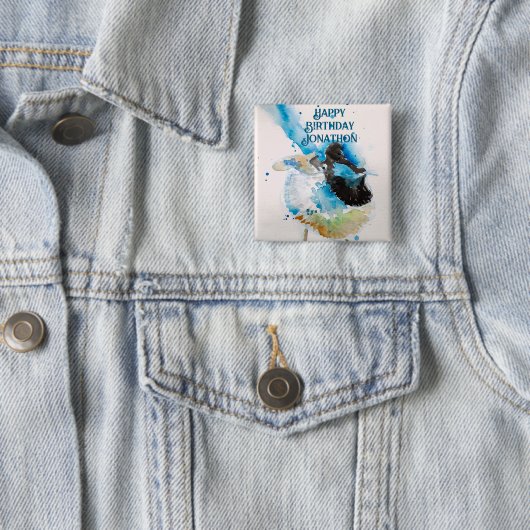 Blue Wren Waterverf Happy Birthday Wrens Aqua Vierkante Button 5,1 Cm (In situ)