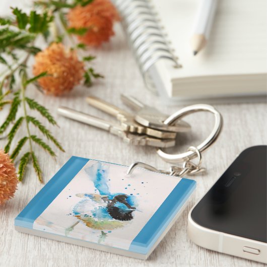 Blue Wren Wrens Aquarel Baby Blauw Australisch Sleutelhanger (Voorkant Rechts)