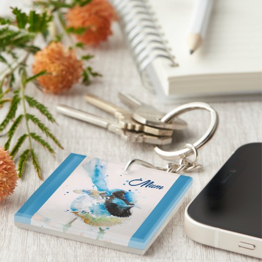 Blue Wren Wrens Aquarel Baby Blauw Australisch Sleutelhanger (Voorkant Rechts)