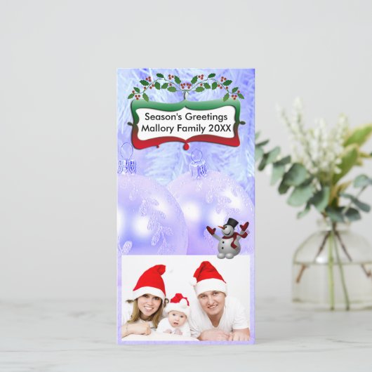 Blue Xmas Balls, Snowman, Trees, Holly Feestdagenkaart (Staand voorkant)