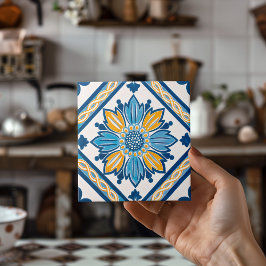 Blue Yellow Azulejo Mediterranean Floral Home Deco Tegeltje