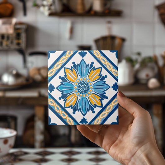 Blue Yellow Azulejo Mediterranean Floral Home Deco Tegeltje