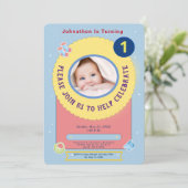 Blue Yellow Baby First Birthday Party Personalize Kaart (Staand voorkant)