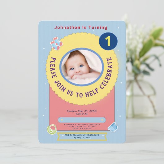 Blue Yellow Baby First Birthday Party Personalize Kaart (Staand voorkant)