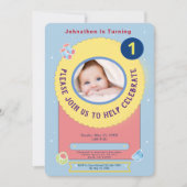 Blue Yellow Baby First Birthday Party Personalize Kaart (Voorkant)