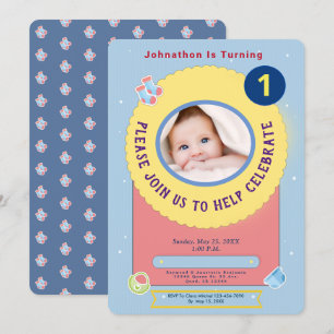 Blue Yellow Baby First Birthday Party Personalize Kaart